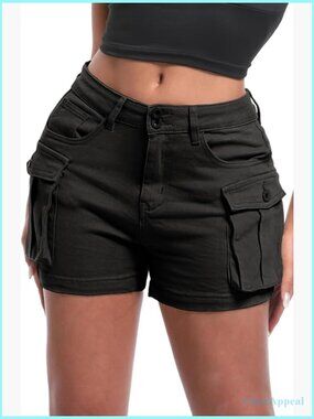 High Rise Cargo Shorts, Slim Fit Stretch Cotton, Y2K Style with Pockets